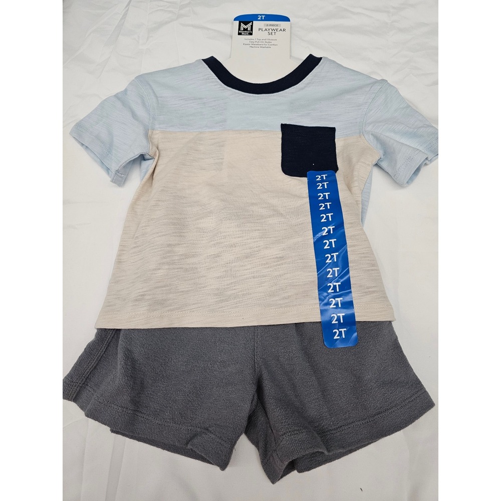 Member's Mark Boys 2-Piece Playwear Set Blue Tan Shorts Cotton Casual Size 2T